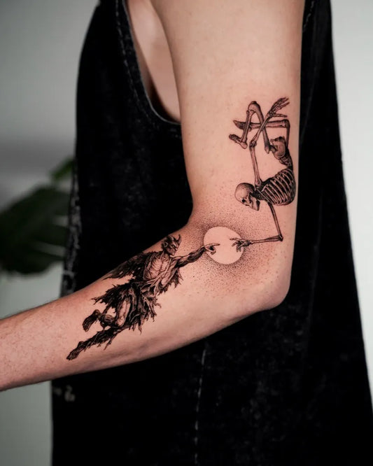 Medium Blackwork Skeleton Monkey Moon Tattoo on Women Arm by @scuwo.ttt