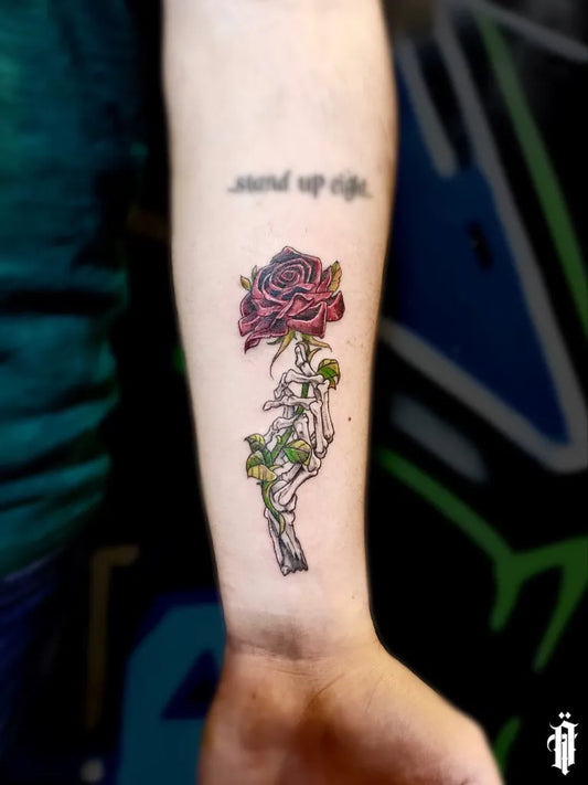 Medium Blackwork Skeleton Rose Tattoo on Women Arm by @omurocektattoo
