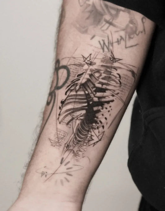 Medium Blackwork Skeleton and Stars Tattoo on Men Arm by @clarissa_tattoo