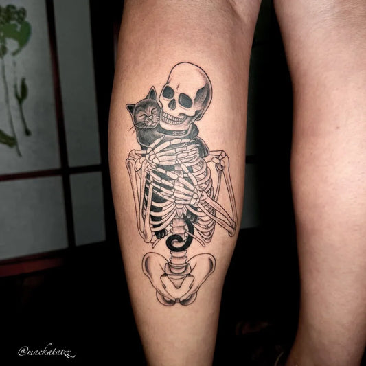 Medium Blackwork Skeleton with Cat Tattoo on Women Thigh by @mackatatzz