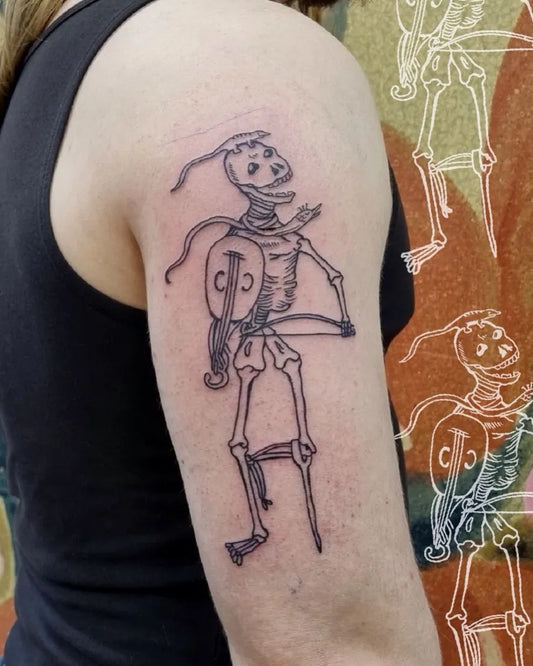 Medium Blackwork Skeleton with Mandolin Tattoo on Women Upper Arm by @petr.ink