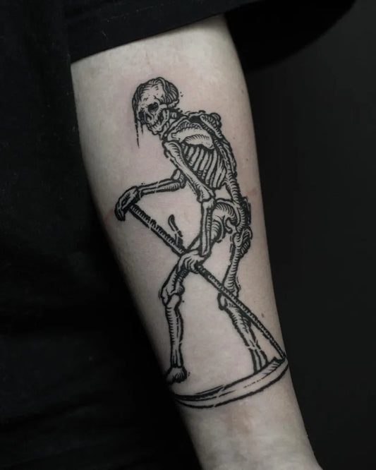 Medium Blackwork Skeleton with Scythe Tattoo on Men Arm by @halucynogeny_tattoo