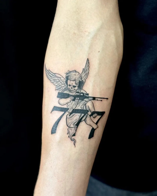 Medium Blackwork Skull Angel with Gun and 777 Tattoo on Men Forearm by @masha_white_tattoo
