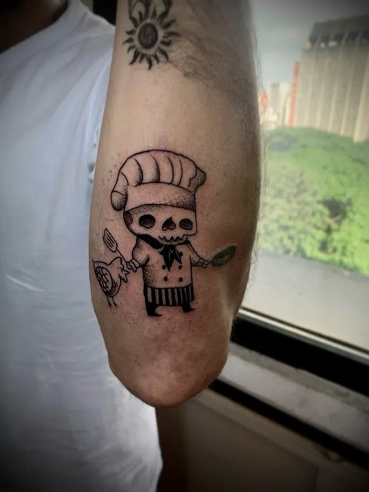 Medium Blackwork Skull Chef with Chicken and Pan on Men Arm Tattoo by @lacorona_ink