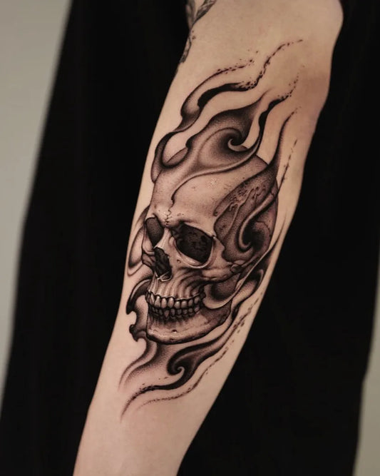 Medium Blackwork Skull Flames on Men Arm Tattoo by @taesin___