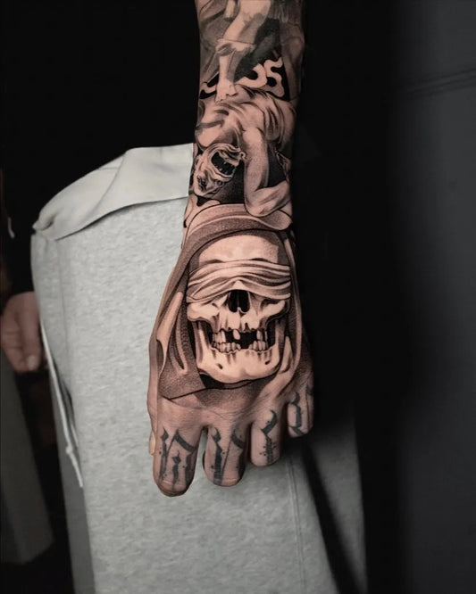 Medium Blackwork Skull Hooded Figure on Men Forearm Tattoo by @yanikniffeler