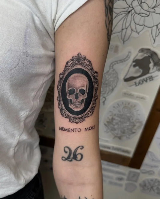 Medium Blackwork Skull Memento Mori 26 on Women Arm Tattoo by @frensis_tattooer