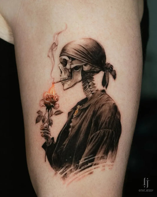 Medium Blackwork Skull Rose Cigarette on Women Arm Tattoo by @tat.jessy