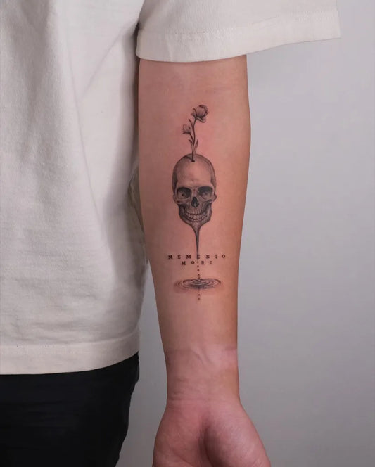 Medium Blackwork Skull Rose Memento Mori on Men Arm Tattoo by @hayetatu
