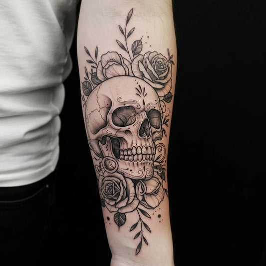 Medium Blackwork Skull Roses on Men Arm Tattoo by @skulls.lover