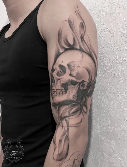 Medium Blackwork Skull Smoke on Men Arm Tattoo by @theodor_th_tattoo