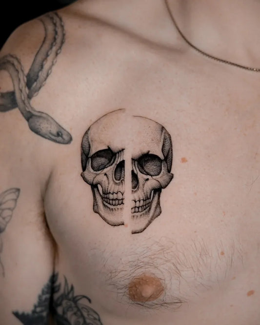 Medium Blackwork Skull Snake on Men Chest Tattoo by @matt_hewittt