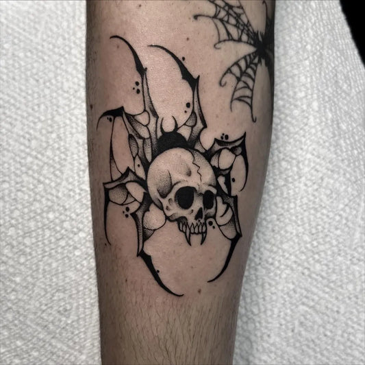 Medium Blackwork Skull Spider Web on Men Arm Tattoo by @spooky_siren_ink
