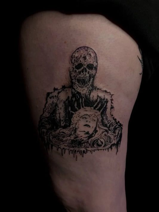 Medium Blackwork Skull and Woman Horror Tattoo on Men Thigh by @cisco.doom