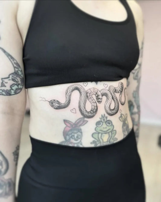 Medium Blackwork Snake and Frog Tattoo on Women Stomach by @jadesummertattoos