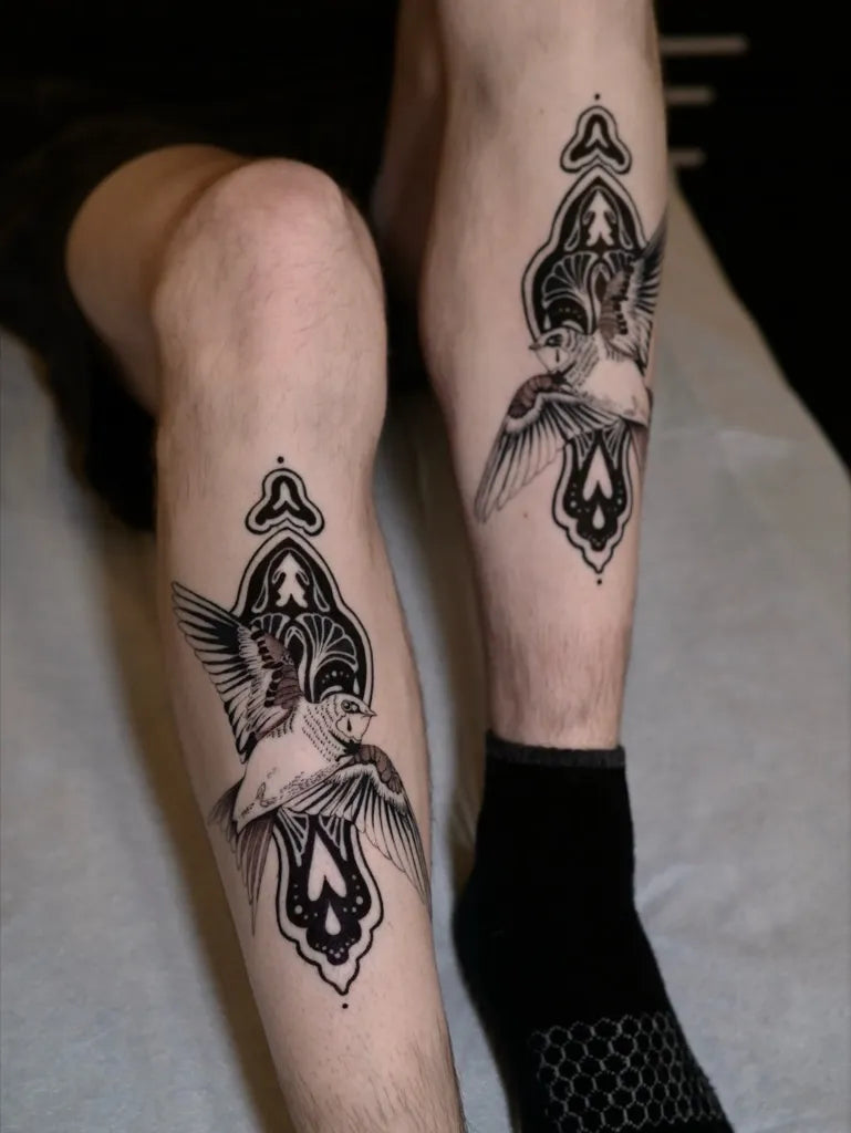 Medium Blackwork Sparrow Tattoo on Men Leg by @softchicktattoo
