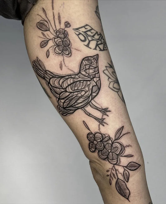 Medium Blackwork Sparrow and Berries Tattoo on Women Arm by @jodiemaetattoos
