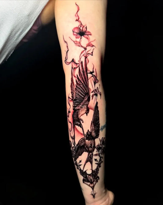 Medium Blackwork Sparrow and Flowers Tattoo on Women Arm by @vamp.inked