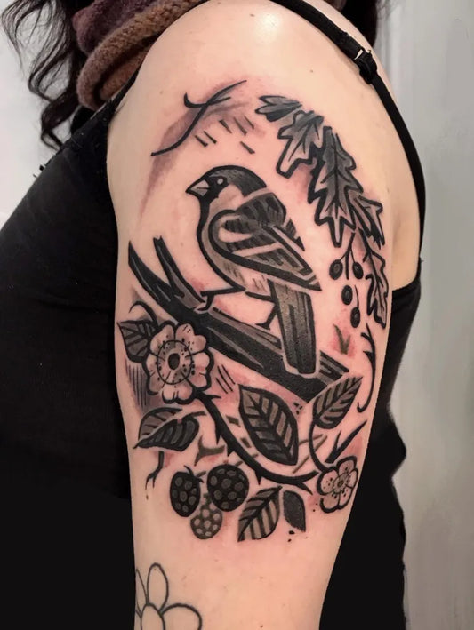 Medium Blackwork Sparrow and Oak Branches Tattoo on Women Shoulder by @kelpiebat