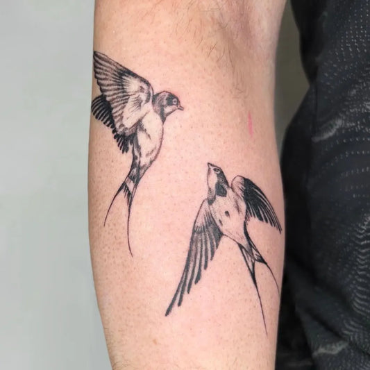 Medium Blackwork Sparrows Tattoo on Women Arm by @mackandthemoon