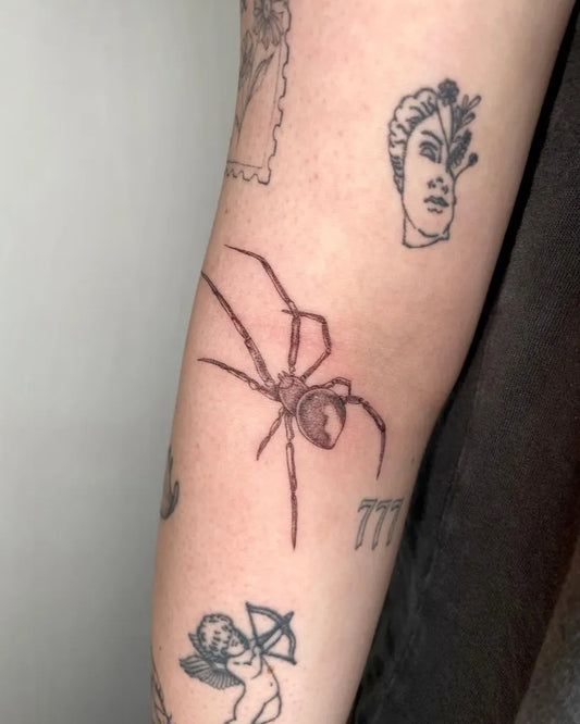 Medium Blackwork Spider Angel Profile on Women Arm Tattoo by @inky.abby