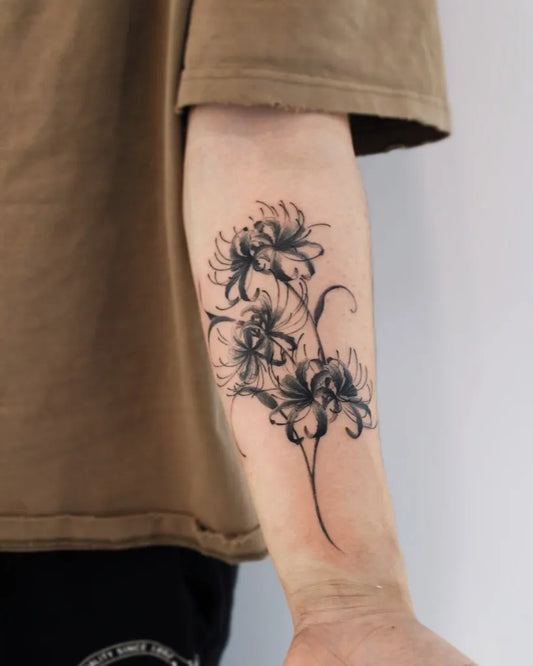 Medium Blackwork Spider Lily Black Tattoo on Men Arm by @llllwg22