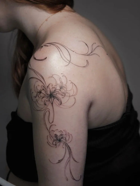 Medium Blackwork Spider Lily Black Tattoo on Women Shoulder by @nnhong_tattoo