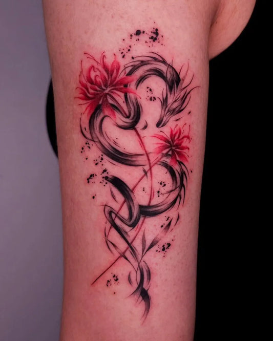 Medium Blackwork Spider Lily Red and Dragon Tattoo on Women Arm by @tattooist_os