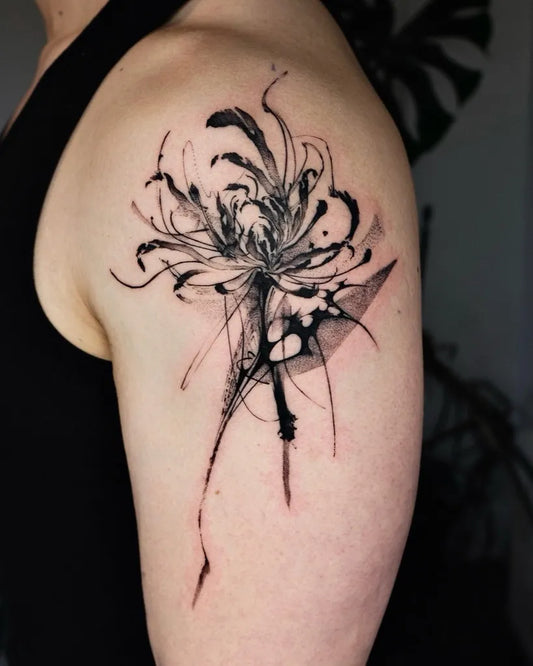Medium Blackwork Spider Lily Tattoo on Men Upper Arm by @ezlin_x