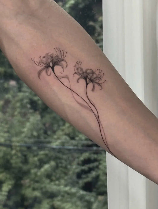 Medium Blackwork Spider Lily Tattoo on Women Arm by @leejeong_tt