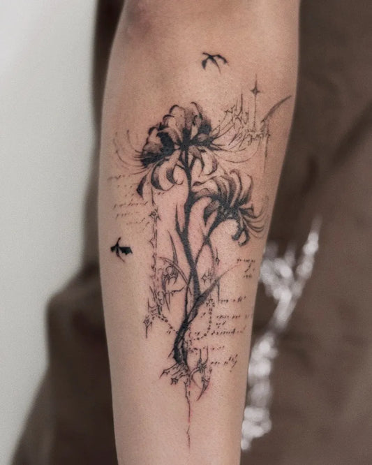 Medium Blackwork Spider Lily and Script Tattoo on Women Arm by @duome.tatt