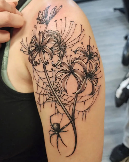 Medium Blackwork Spider Lily black Spider Web and Spider Tattoo on Women Shoulder by @tattoo_ben
