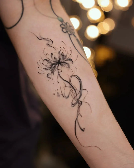 Medium Blackwork Spider Lily black Tattoo on Women Arm by @vivi_tattooer