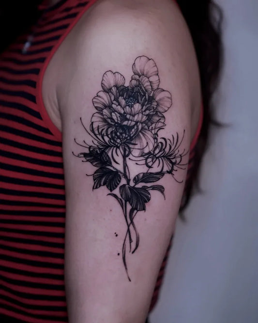 Medium Blackwork Spider Lily black Tattoo on Women Shoulder by @zuxgos