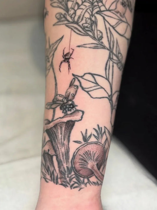 Medium Blackwork Spider Mushroom Web Nature Tattoo on Women Arm by @draventoewstattoo