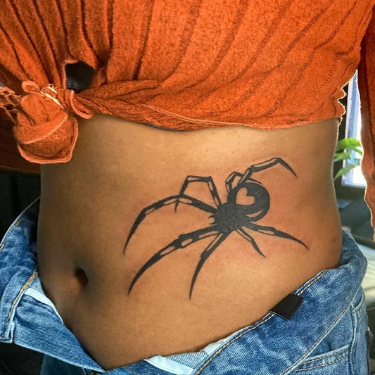 Medium Blackwork Spider Tattoo on Women Stomach by @shey.creative