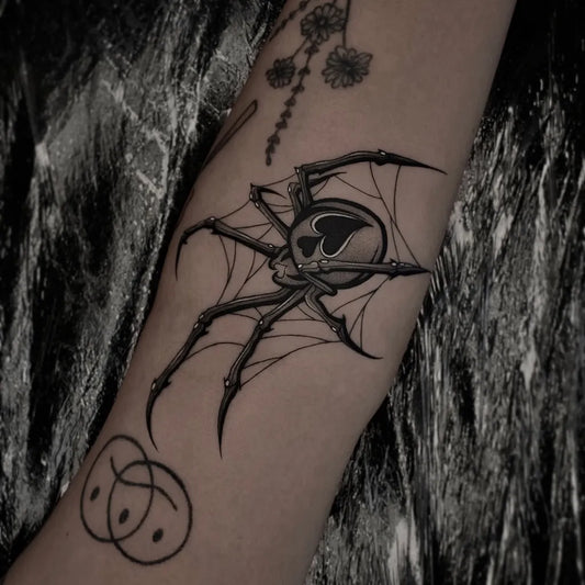 Medium Blackwork Spider Web Spade Skull on Women Arm Tattoo by @ceschini.tattoo