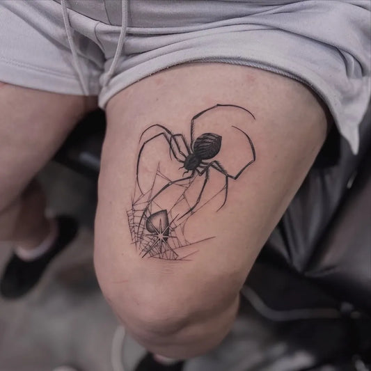 Medium Blackwork Spider Web on Men Thigh Tattoo by @onemoretattoolu