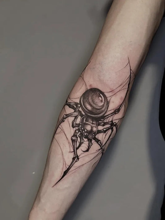 Medium Blackwork Spider Web on Women Arm Tattoo by @m.ink_tattoo