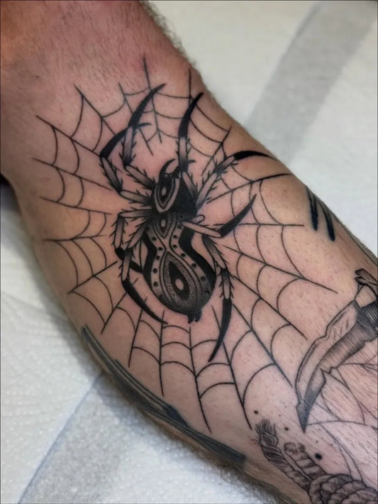 Medium Blackwork Spider and Web on Men Leg Tattoo by @letmetattoox