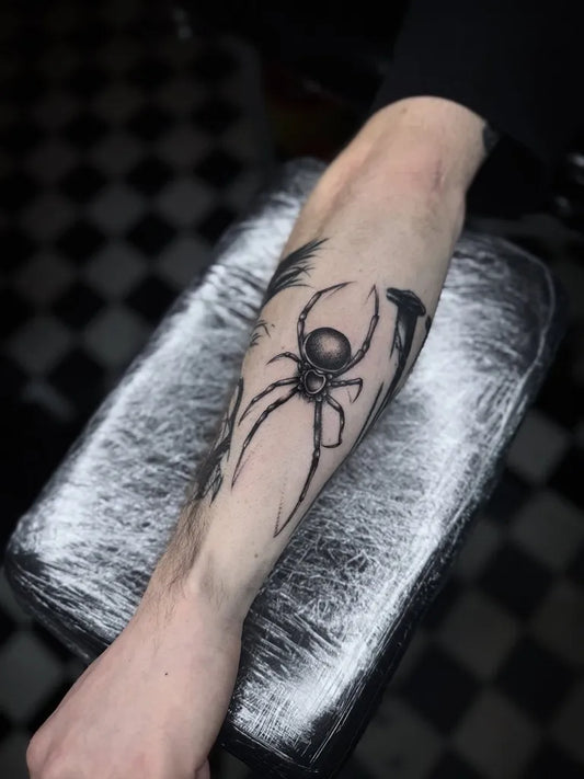 Medium Blackwork Spider on Men Arm Tattoo by @bennylong.tattoo