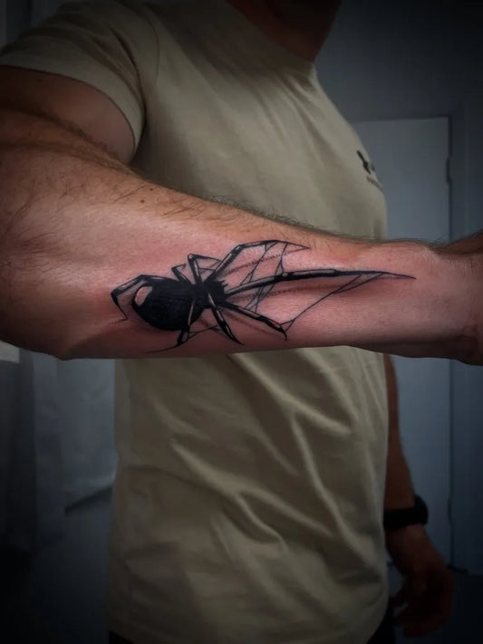 Medium Blackwork Spider on Men Arm Tattoo by @llanotattooart