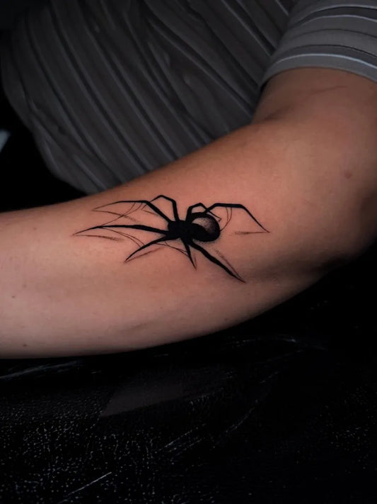 Medium Blackwork Spider on Men Arm Tattoo by @notwonkystars