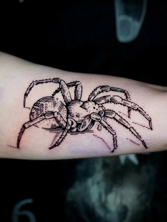 Medium Blackwork Spider on Women Arm Tattoo by @tillwest.ttt