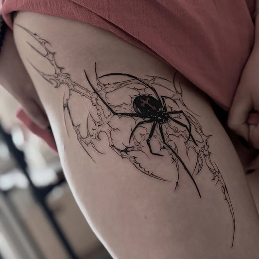 Medium Blackwork Spider on Women Thigh Tattoo by @joey.tatts
