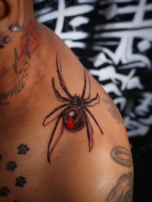 Medium Blackwork Spider with Red Hourglass on Men Neck Tattoo by @jamieshort_art