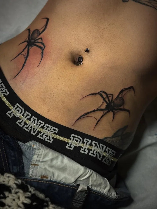 Medium Blackwork Spiders on Women Abdomen Tattoo by @ironwood_ink