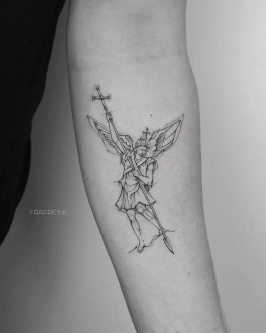 Medium Blackwork St Michael and Cross Tattoo on Men Arm by @frappeink