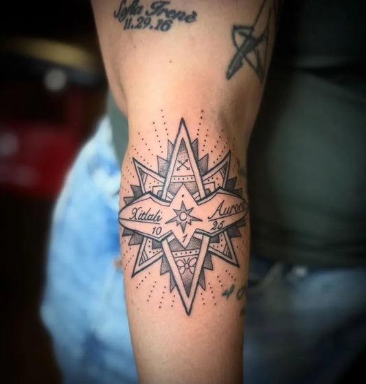 Medium Blackwork Star Family Tattoo on Women Forearm by @facesofbeth_