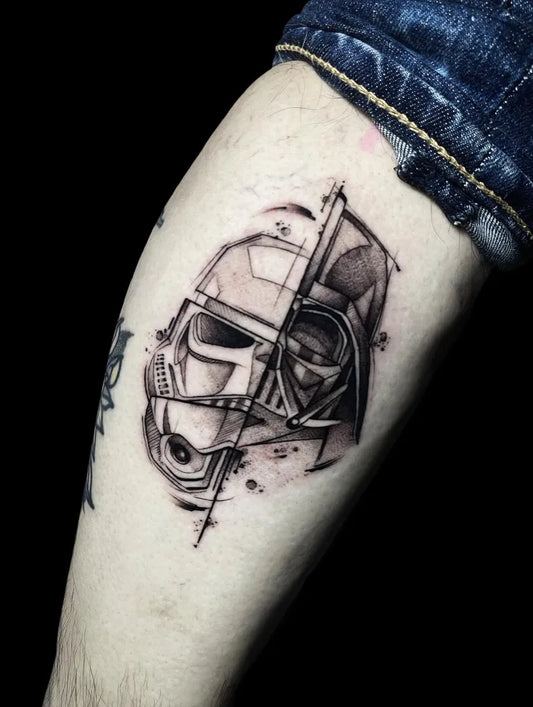 Medium Blackwork Star Wars Stormtrooper and Darth Vader Tattoo on Men Leg by @jordan.garciaramirez